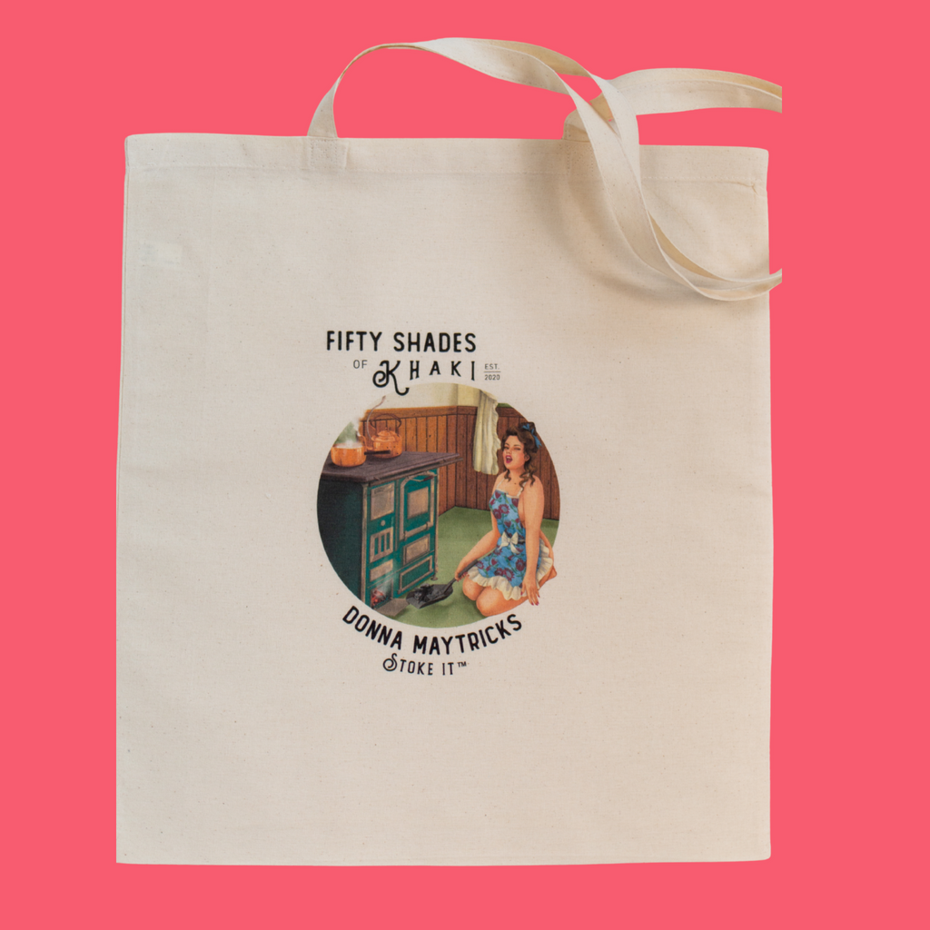 This tote bag is super beautiful with a unique vintage ‘Boere-Burlesque-flair’ and color print design. Treat yourself to a giggle! The slogan on the bag is Donna Maytricks Dominate your Matrix. Authentic South-African gift items are proudly brought to you by Fifty Shades of Khaki online store.