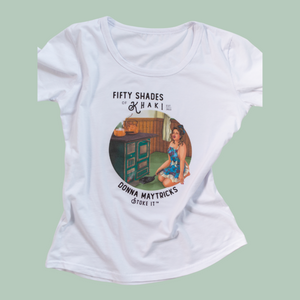 This is a super gorgeous ladies fitted T-Shirt. The illustration is stunning and unique with a beautiful vintage ‘Boere-Burlesque’ image and color print design. The taglines are witty and this one says Donna Maytrix - Stoke it. White short sleeve T-shirt with a round neck.